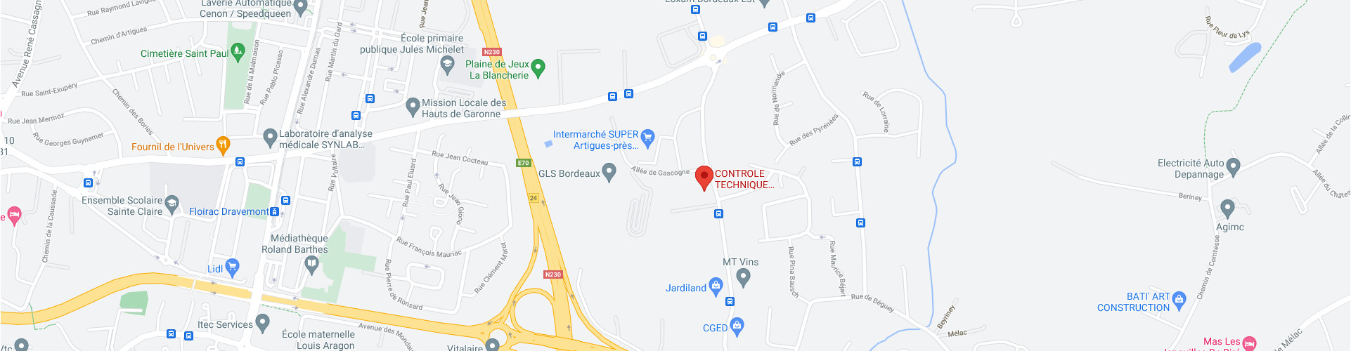 Cartographie Google Maps - Contrôles Techniques Artigues - 20 Avenue de l'Île de France, 33370 Bordeaux